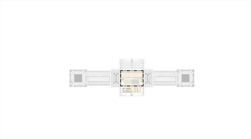 Floor plan drawing highlighting the central domed rotunda within a symmetrical cross-axial layout
