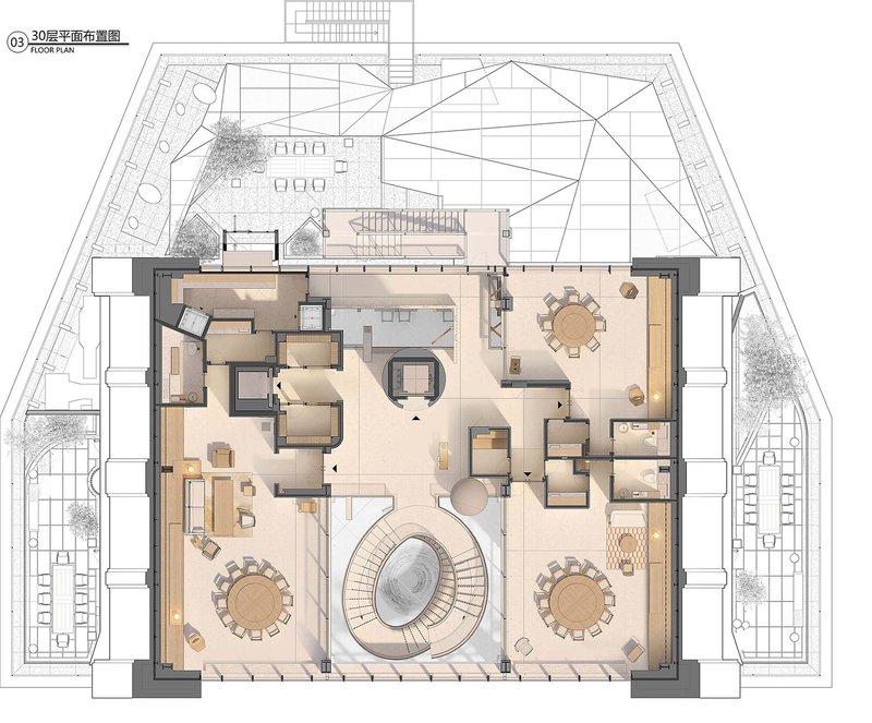 Floor plan drawing showing a central spiral staircase surrounded by furnished dining and lounge areas