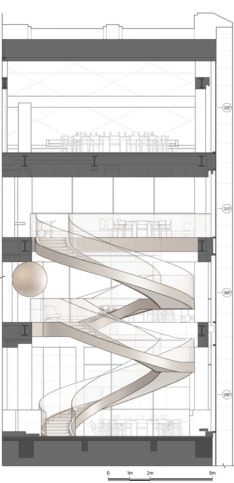 Section drawing detailing the sweeping curved staircase threading through four levels with suspended sphere