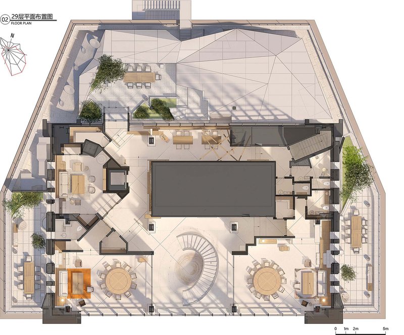 Rendered floor plan showing a pentagonal layout with circular staircases and scattered trees in sunlight