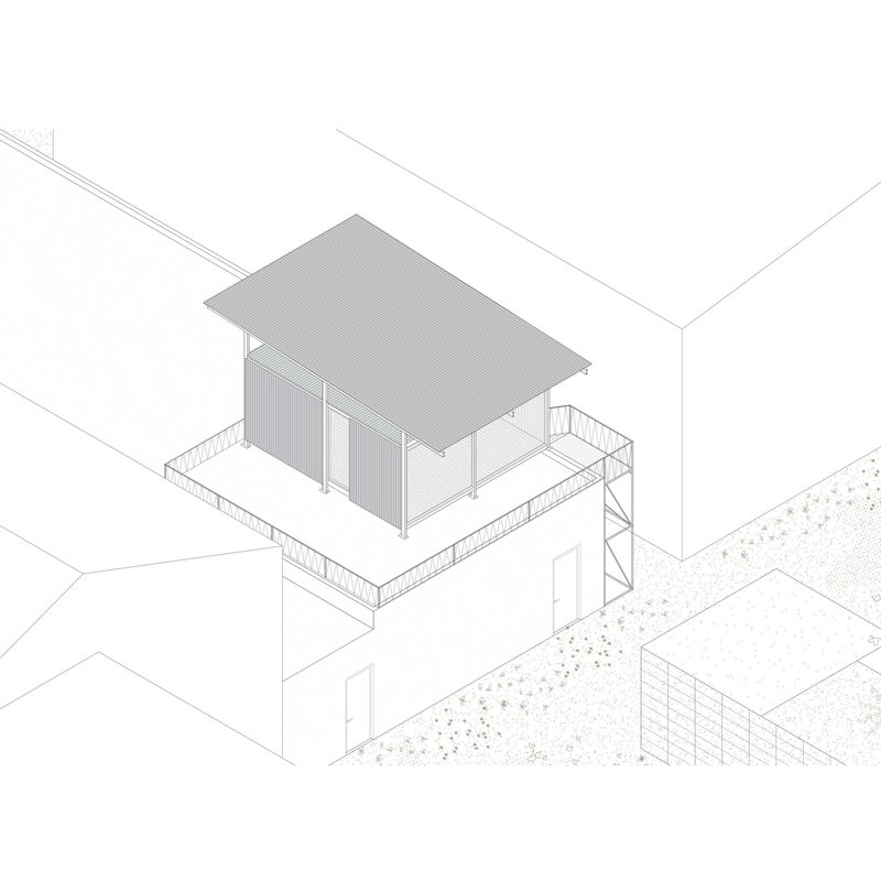 Axonometric drawing showing a corrugated roof pavilion atop a base volume with connecting staircase and landscaping