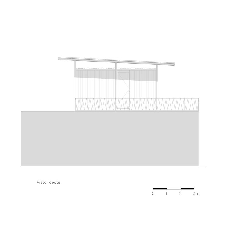 Elevation drawing showing a flat-roofed pavilion with glazing and horizontal cladding above a solid base