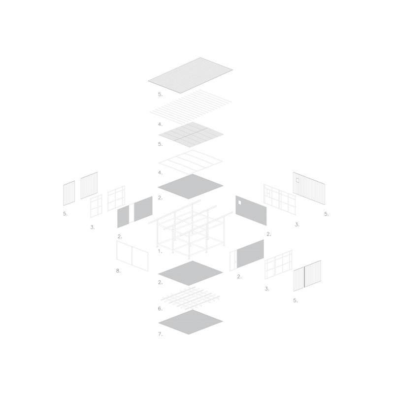 Exploded axonometric drawing illustrating the layered assembly of floor slabs, walls, and roof components