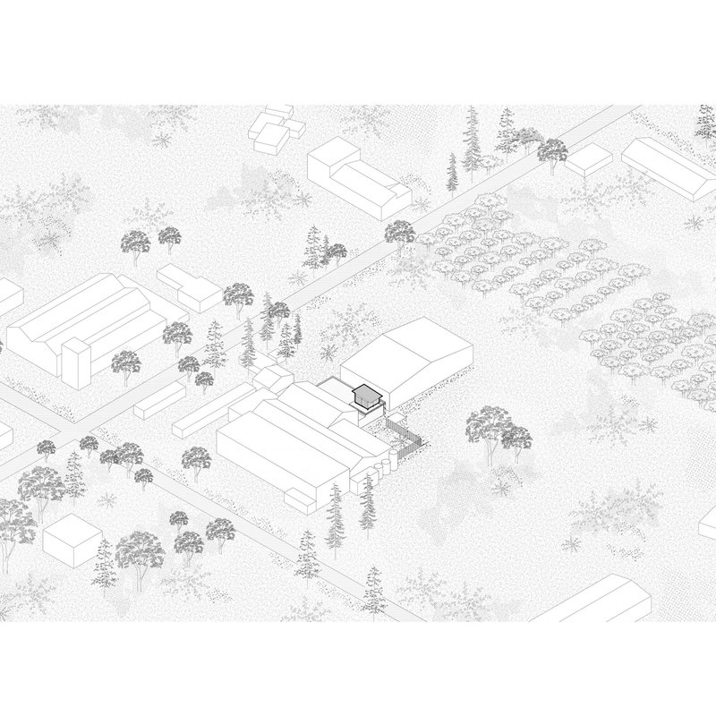 Axonometric drawing showing scattered rectangular volumes among deciduous and coniferous trees in a rural setting