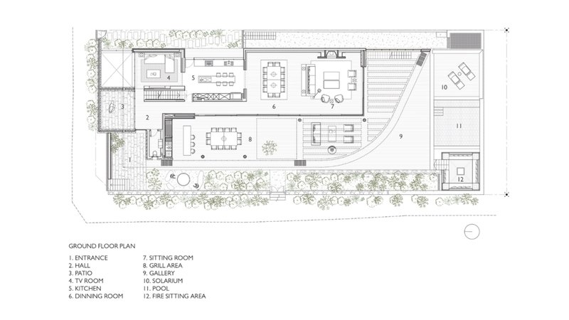 Ground floor plan drawing showing living and dining spaces wrapping around a planted courtyard