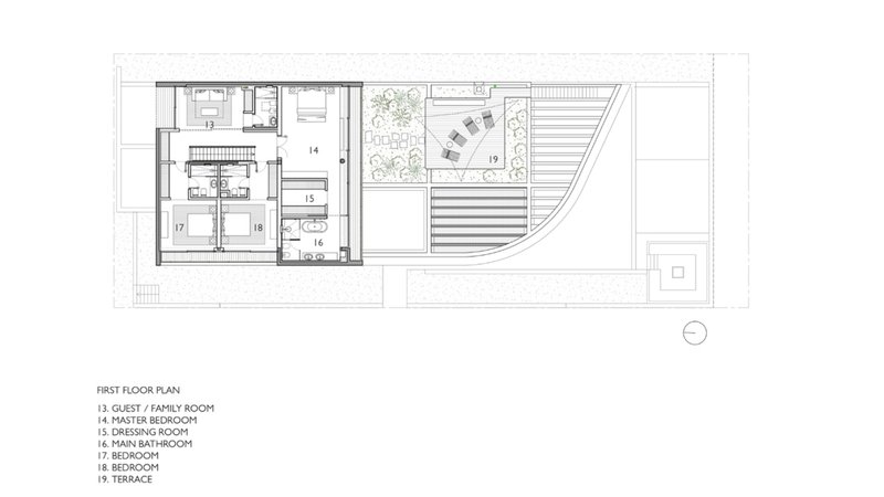 First floor plan showing a linear arrangement of bedrooms on the left and outdoor terraces to the right