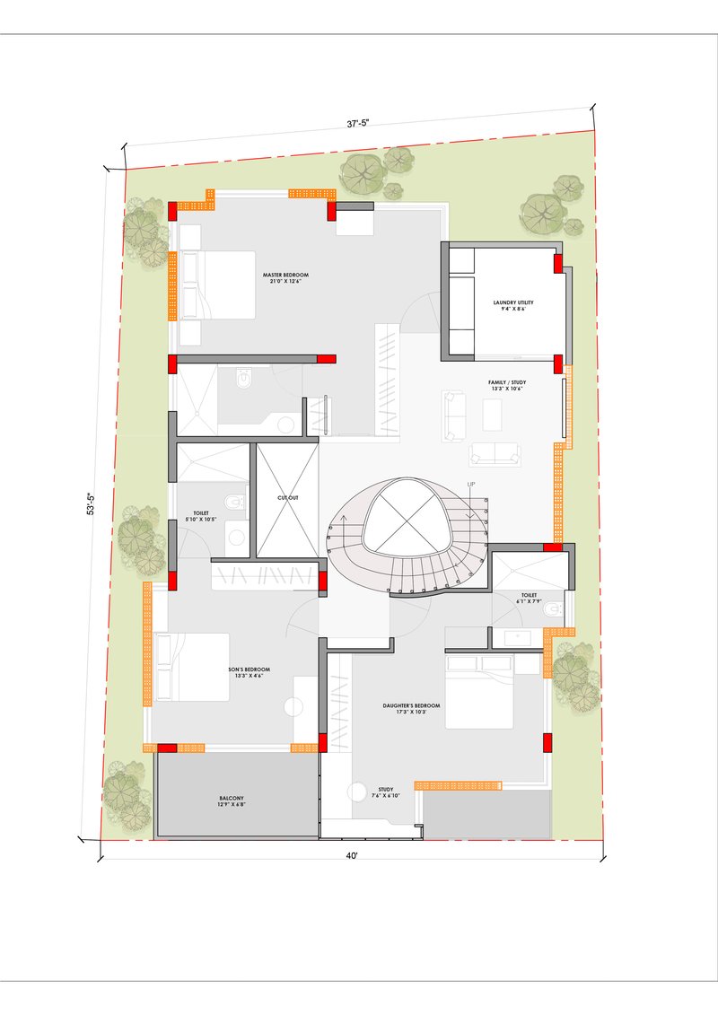 Upper floor plan drawing showing bedrooms and a family court around a central circular stair void with surrounding landscape