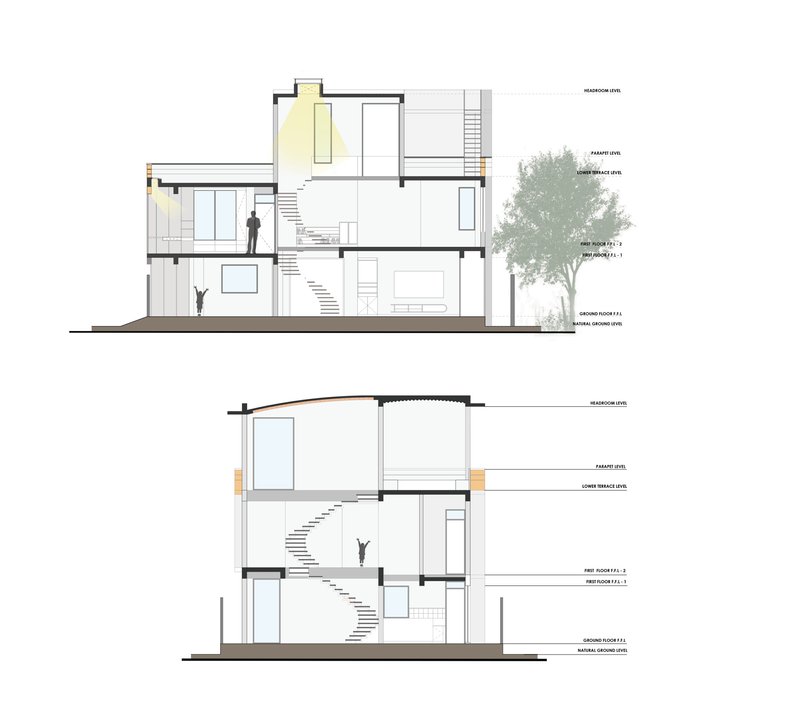 Section drawings showing interior spatial volumes with staircases connecting multiple levels and adjacent tree canopy