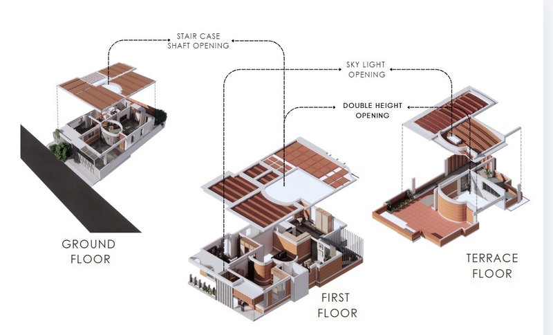 Exploded axonometric drawing showing three floor levels with timber roof planes and stair openings