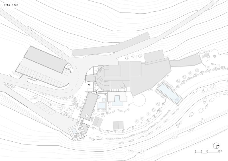 Site plan drawing showing the building cluster with pool and terraced topography contours