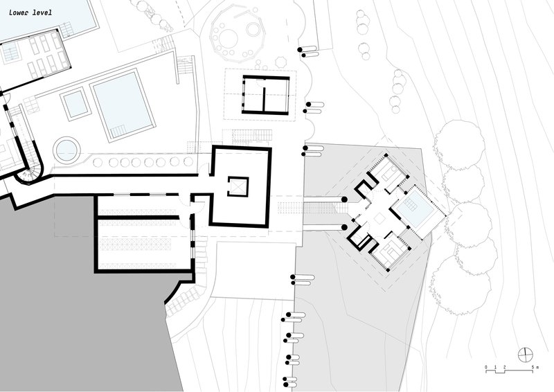 Lower level floor plan drawing showing interior rooms and the angled volume beside trees