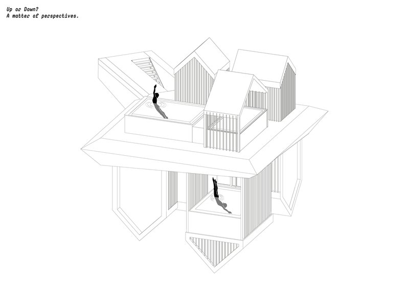 Axonometric drawing of interconnected gabled volumes with two figures on stairs and terrace levels