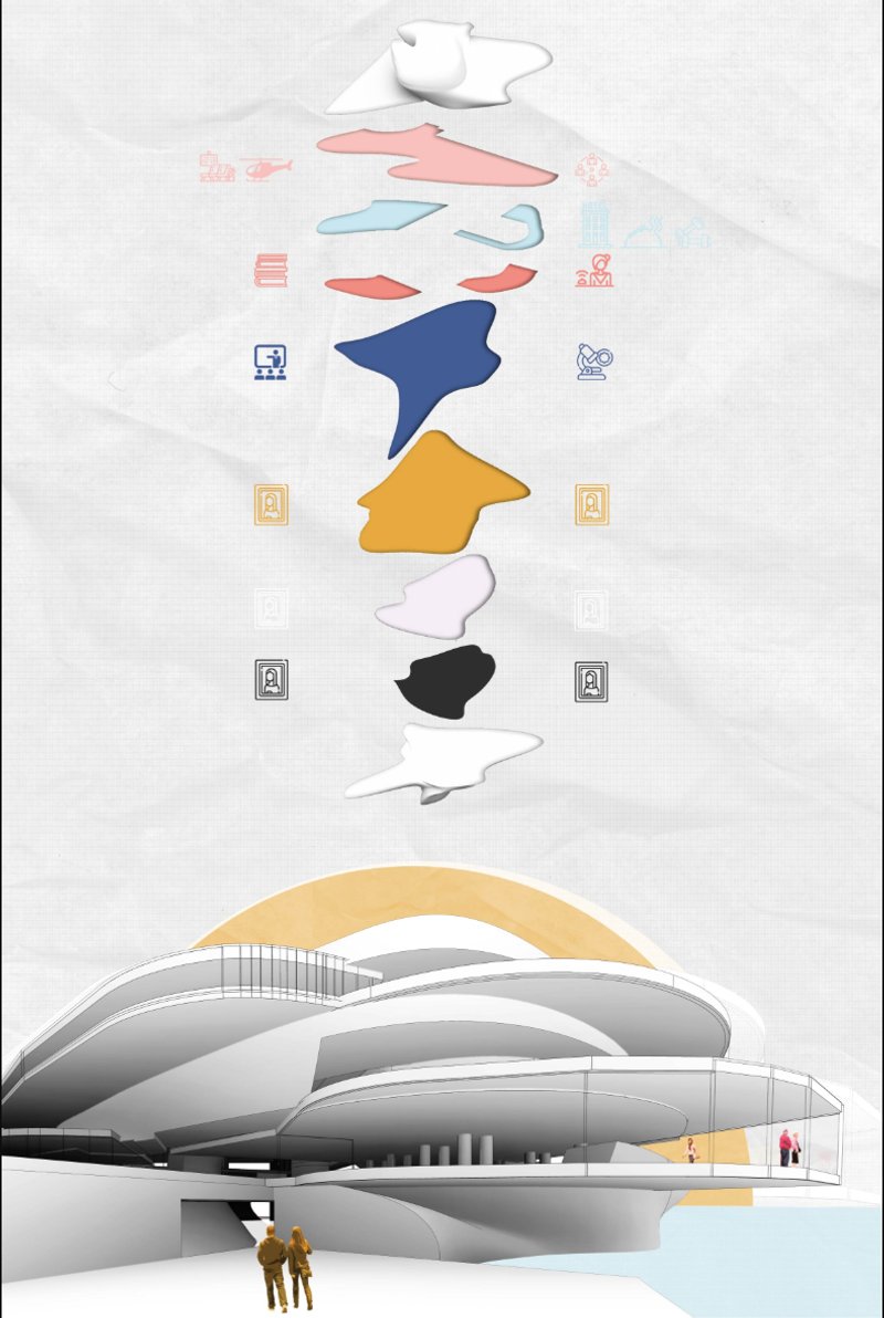 Exploded architectural diagram showing layered programs inspired by the adaptive growth of coral reefs.