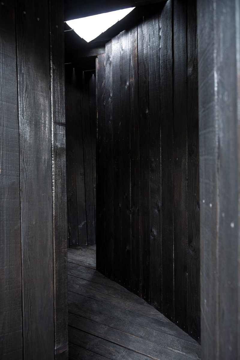 Dark timber interior corridor with triangular skylight casting bright daylight through the opening above