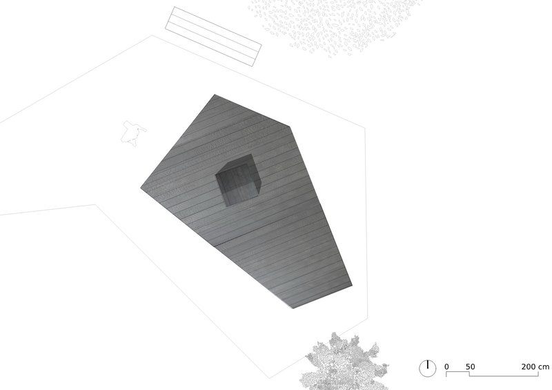 Roof plan drawing of a pentagonal volume with horizontal cladding and a central square opening