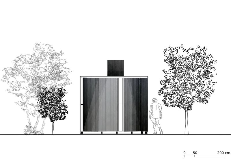 Elevation drawing showing a dark timber-clad volume with a chimney flanked by deciduous trees and a figure for scale