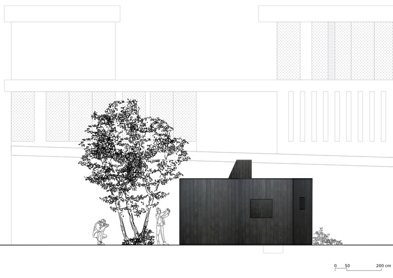 Elevation drawing showing a dark-clad volume in front of a textured wall and adjacent building with a tree