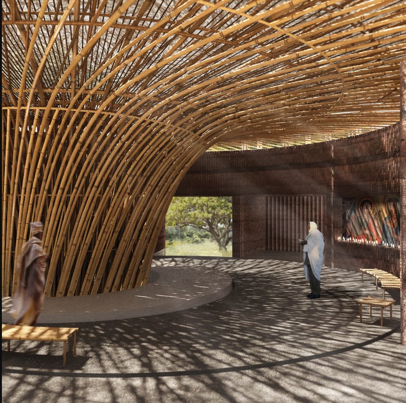 Bamboo ribs create a sacred interior canopy, filtering light across the chapel’s circular prayer space.