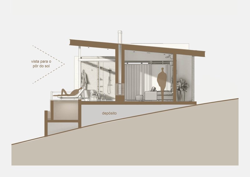 Section drawing revealing interior spaces with glass walls and terrace carved into a sloping hillside