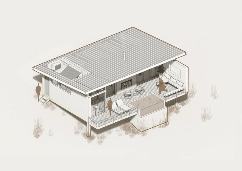 Axonometric drawing showing rectangular single-story residence with corrugated metal roof and surrounding vegetation