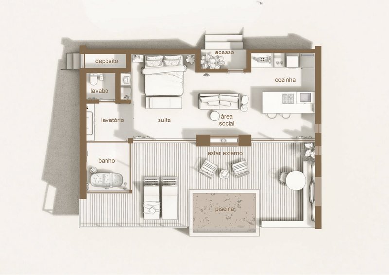 Floor plan drawing illustrating open-plan suite and social areas with exterior pool terrace