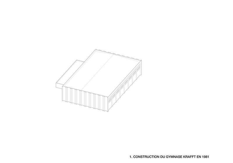 Axonometric drawing showing a single rectangular volume with vertical slot fenestration on one side