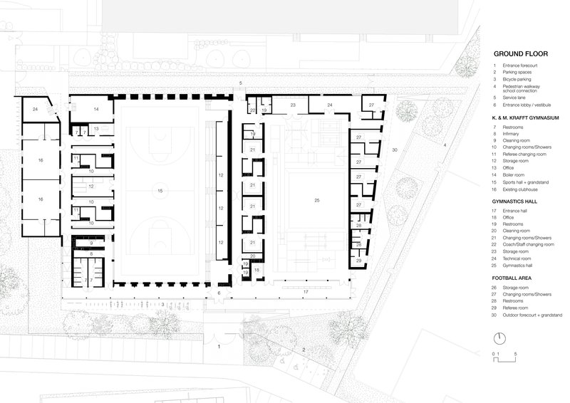 Ground floor plan drawing showing gymnasium, classrooms, and football area surrounding a central courtyard