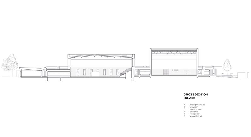 Cross section drawing revealing the varying roof heights and interior spatial relationships between program areas