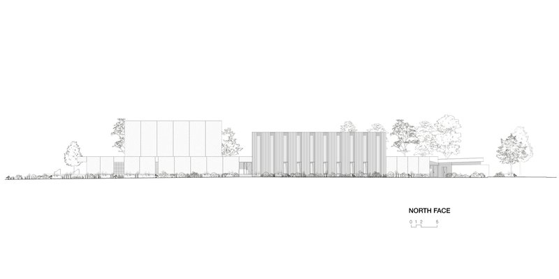North elevation drawing depicting the facades with vertical cladding and planted landscape beyond