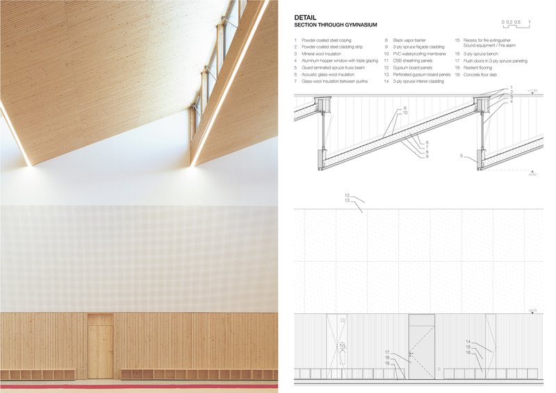 Interior gymnasium wall with timber-clad lower panels and white upper surface beneath exposed timber rafters