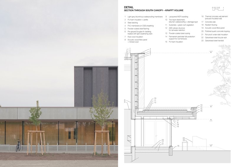 Section drawing showing the layered canopy structure with timber framing and glazed ground floor below