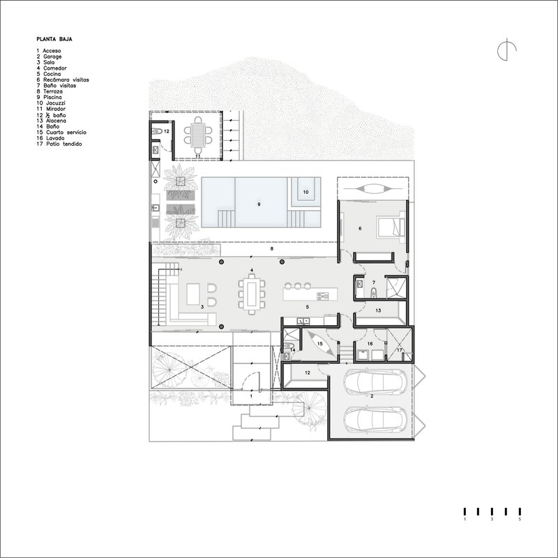 Ground floor plan drawing showing open living areas, courtyards, garage, and room layout around central circulation