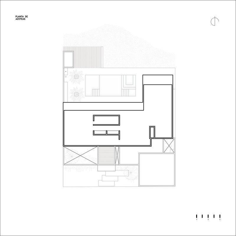 Roof plan drawing showing an L-shaped configuration with a terrace and stair placement
