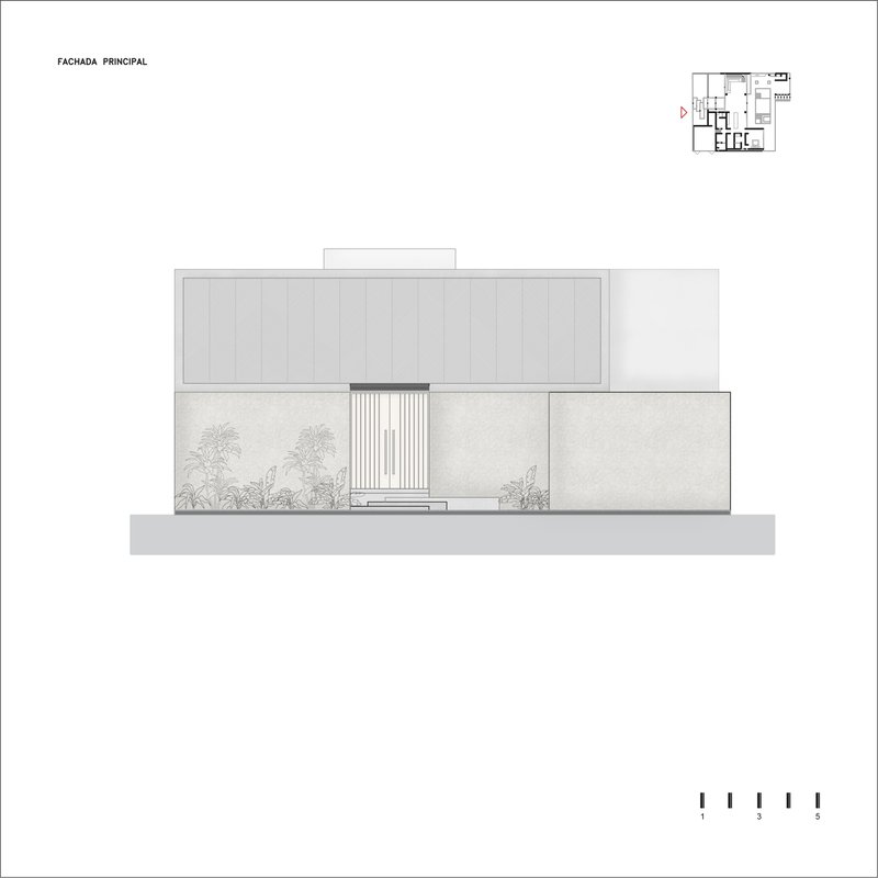 Elevation drawing of the principal facade with vertical slat entrance flanked by planted beds