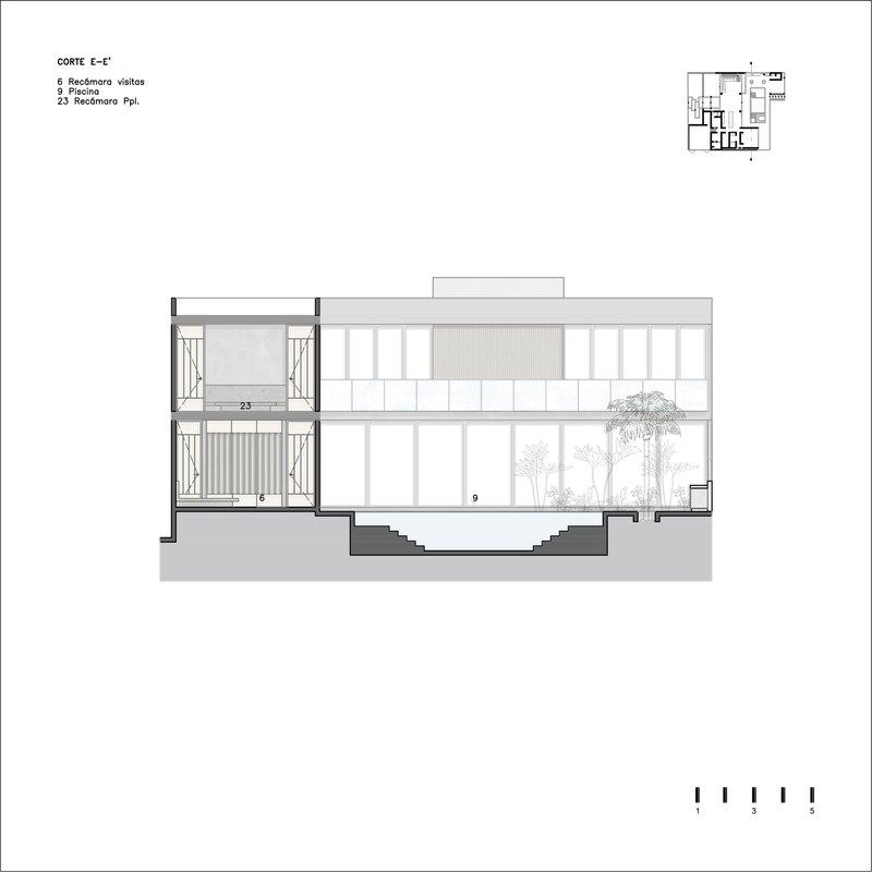 Section drawing displaying double-height courtyard with trees and flanking stacked balcony spaces