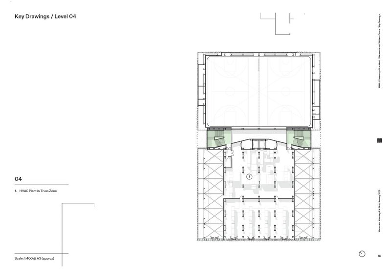 Fourth level floor plan drawing showing an open hall with diagonal cross bracing