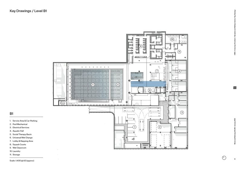 Floor plan showing pool area highlighted in blue alongside squash courts and service zones