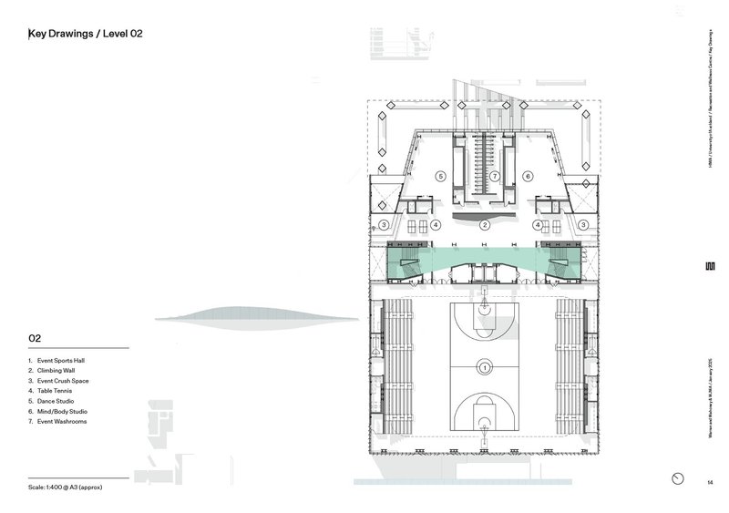 Second level floor plan drawing showing a full basketball court and circulation areas