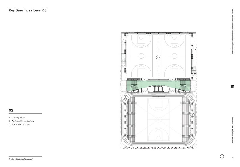 Third level floor plan drawing depicting two basketball courts and a running track