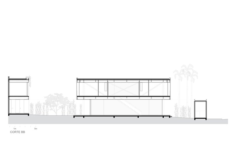 Section drawing showing a two-story volume connected to single-story structures with trees in the background
