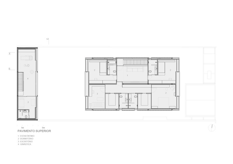 Upper floor plan drawing depicting bedrooms arranged around a central staircase with an attached service wing