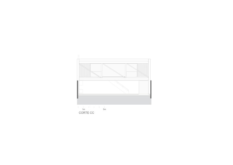 Section drawing illustrating a single-story volume with exposed roof trusses and clerestory windows