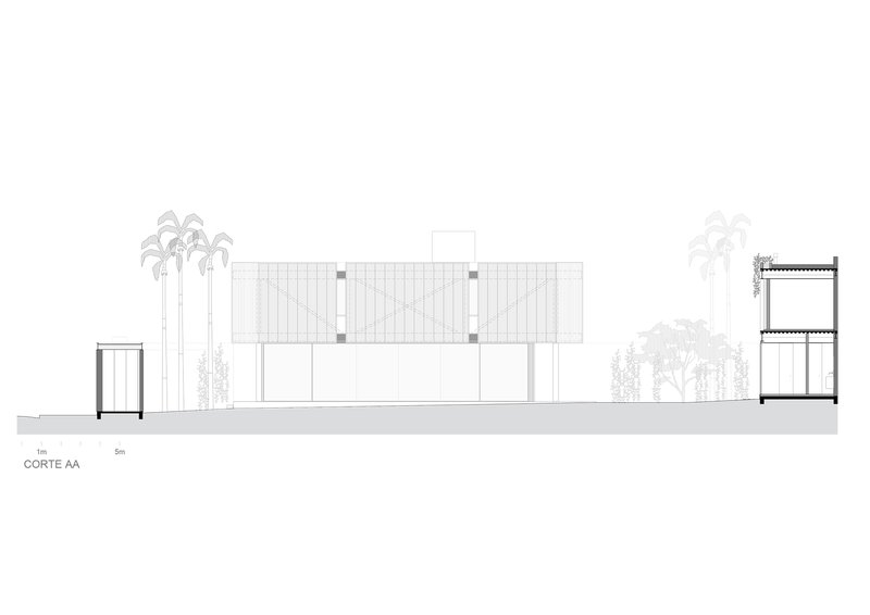 Section drawing showing the main volume with vertical slatted facade flanked by palm trees and auxiliary structures
