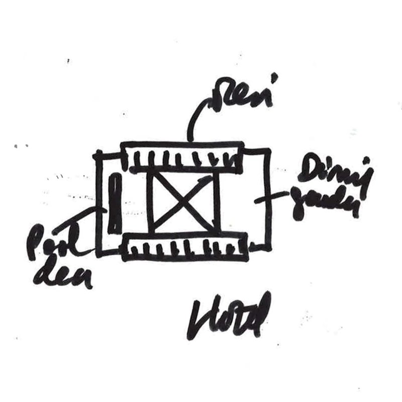 Sketch plan showing a rectangular courtyard with annotated rooms including a dining area and hotel
