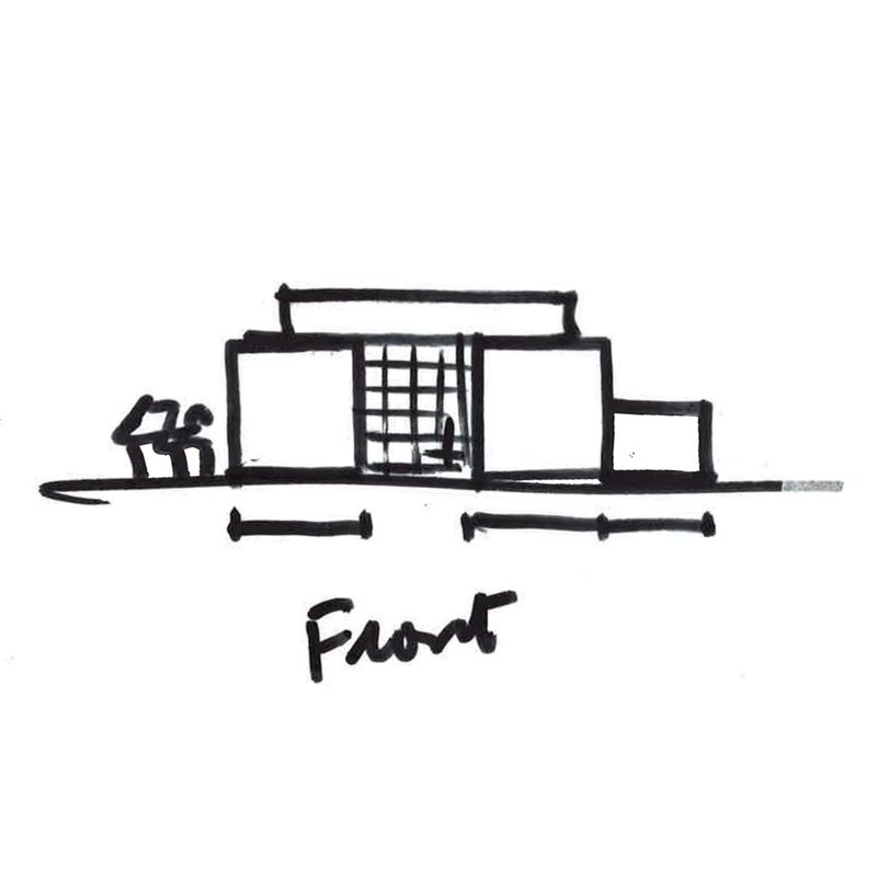 Front elevation sketch showing a single-story building with central grid screen and flanking solid panels