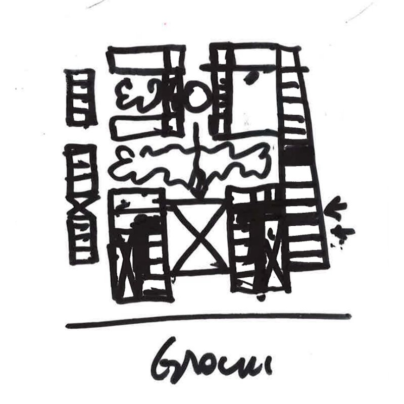 Hand-drawn plan view showing rooms arranged around a central courtyard with a decorative tree element
