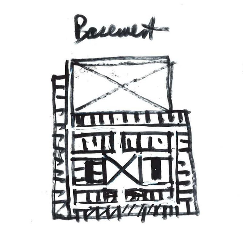 Sketch elevation of a multi-story building with cross-braced panels and vertical ladder-like detailing on sides