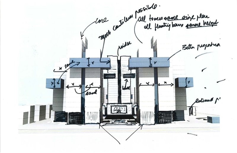 Annotated front elevation sketch depicting the entrance canopy and flanking tower structures with arrows