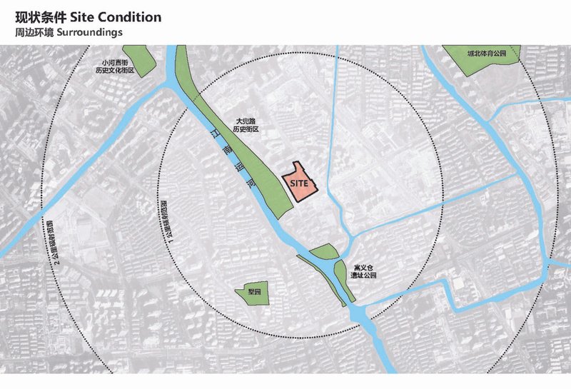 Site condition diagram mapping the project parcel among surrounding green spaces and waterways