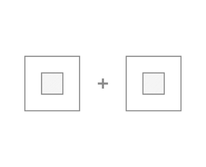 Diagram showing two separate square volumes each with a central courtyard space before combination